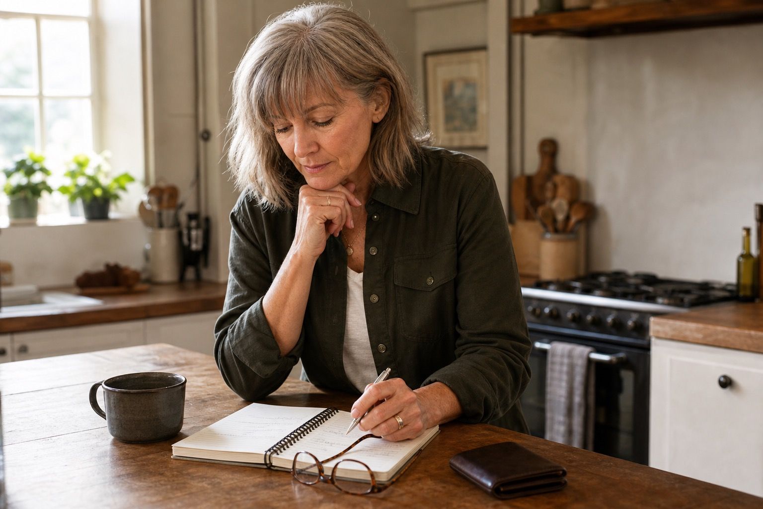 Woman over 50 writing notes at a kitchen counter with a mug and glasses beside her