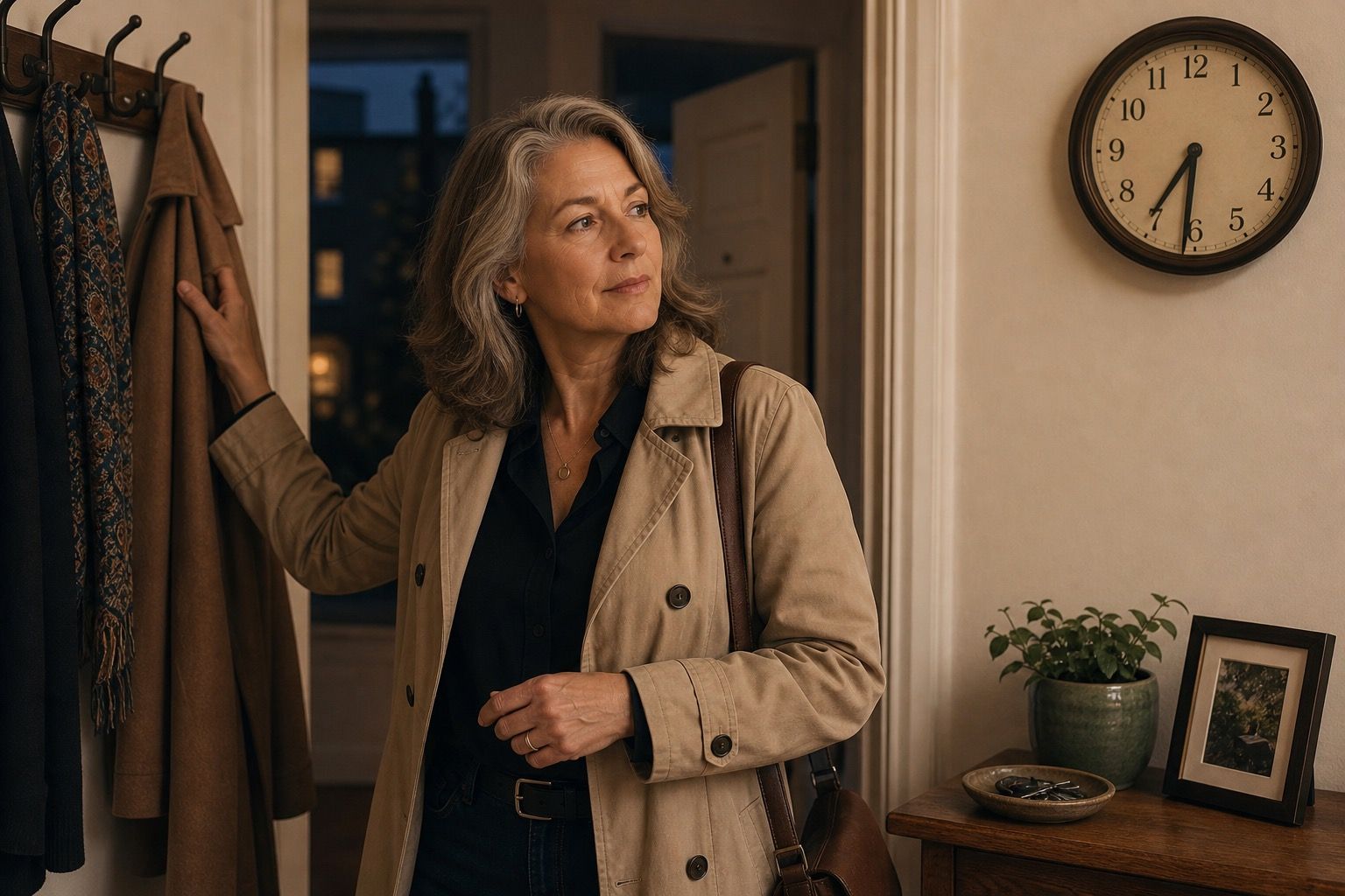 Woman over 50 pausing in an apartment entryway beneath a wall clock