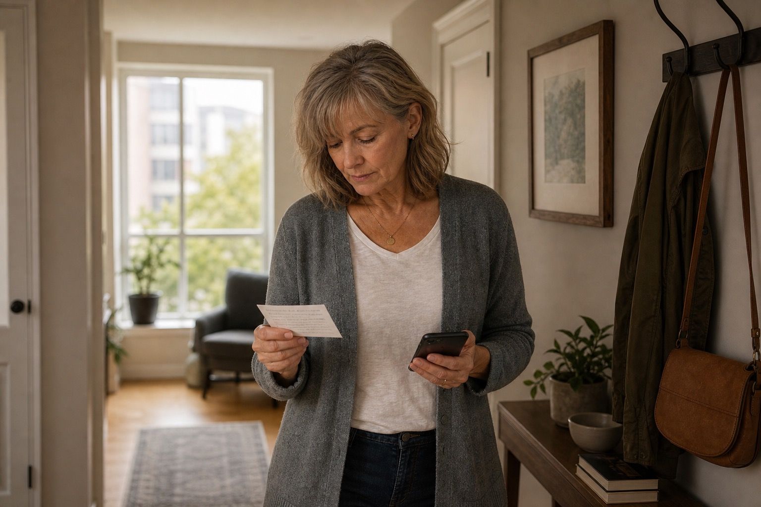 Woman over 50 checking a note card in a quiet hallway