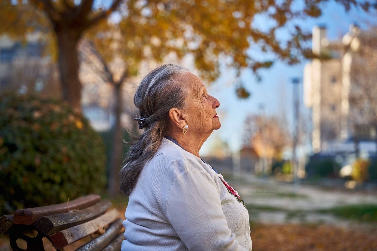 Older woman with grey hair sitting on a park bench in autumn, looking outward in profile