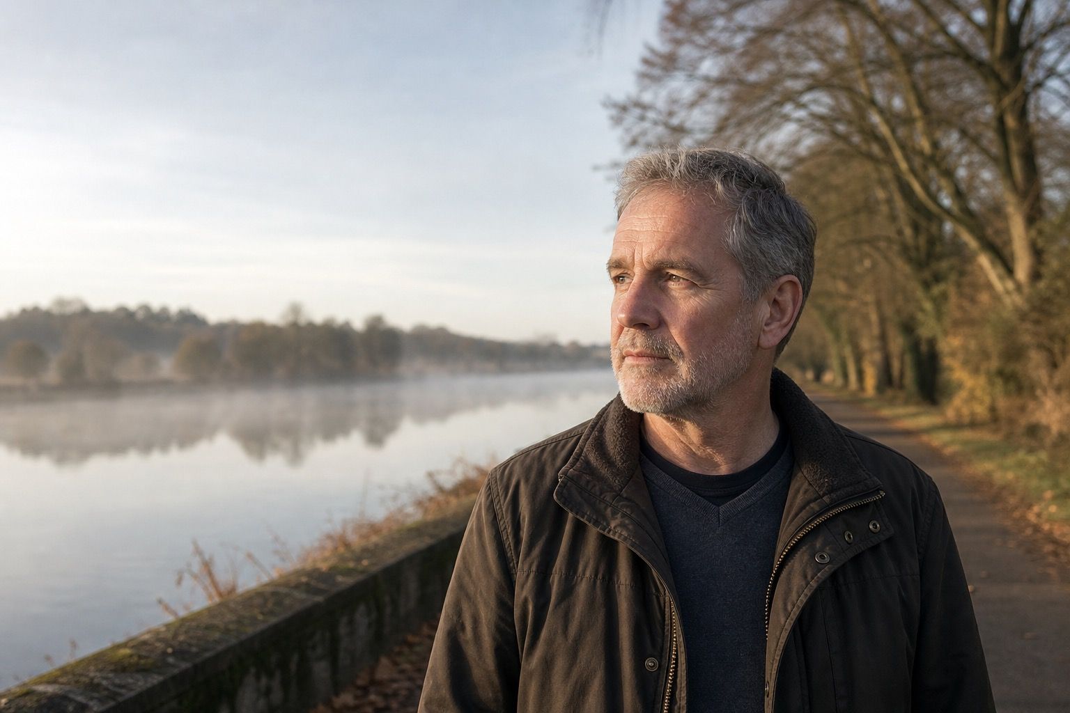 Man in his late 50s beside a quiet riverside path