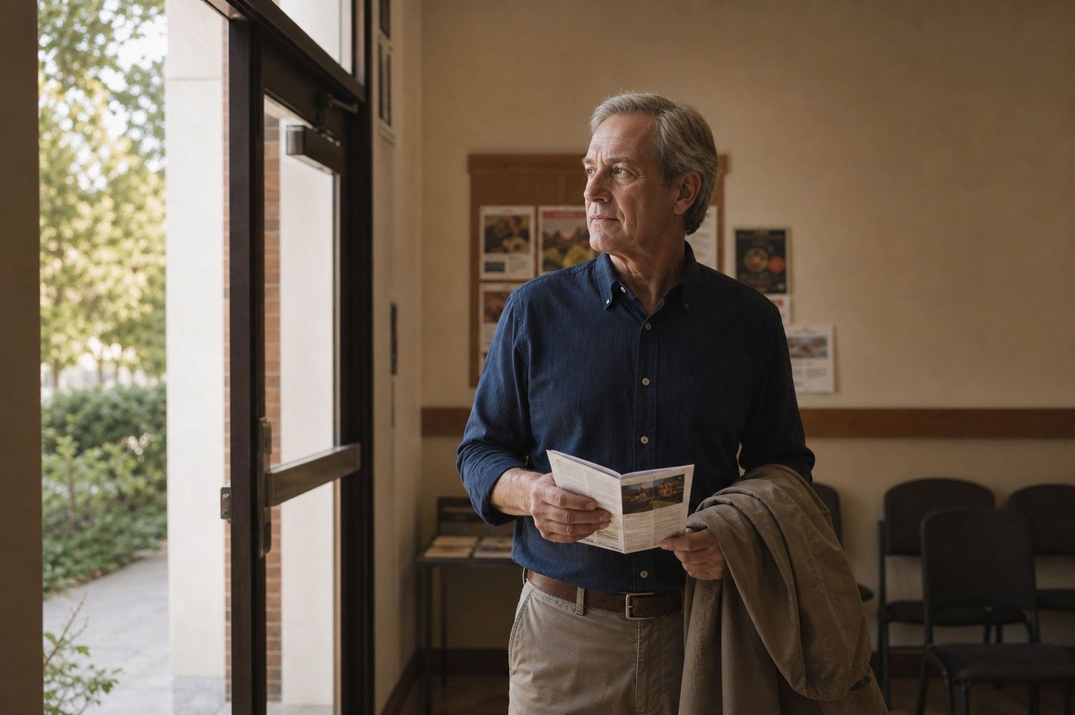 Man over 60 holding a flyer in a community hall doorway
