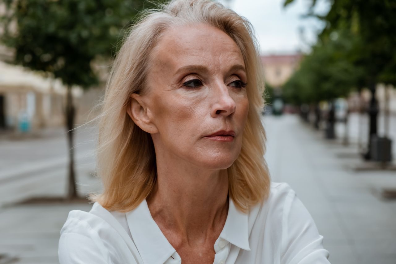 Mature woman in white shirt standing thoughtfully on a quiet city street in natural light