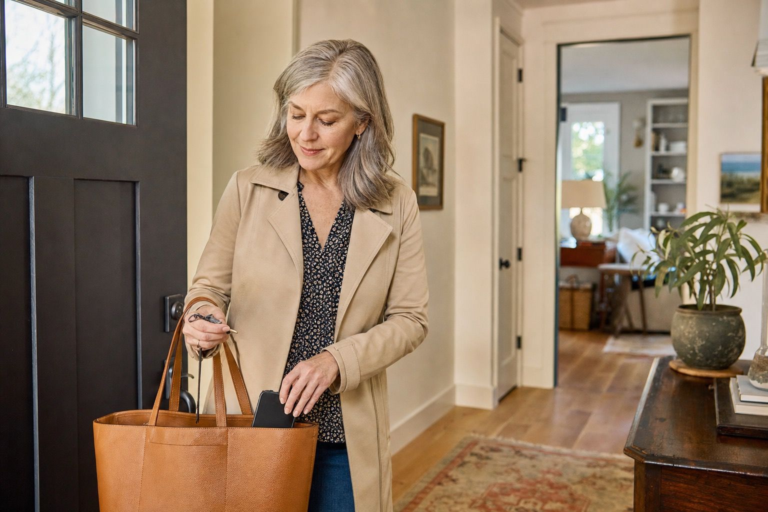 Woman over 50 organizing keys and bag by her front door