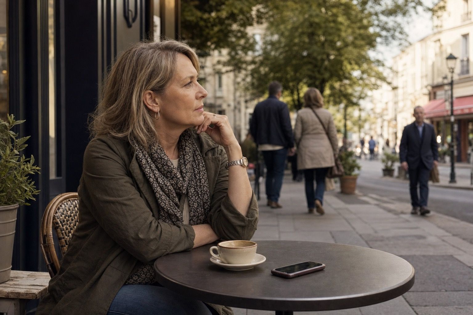 Woman over 50 sitting alone at a sidewalk cafe