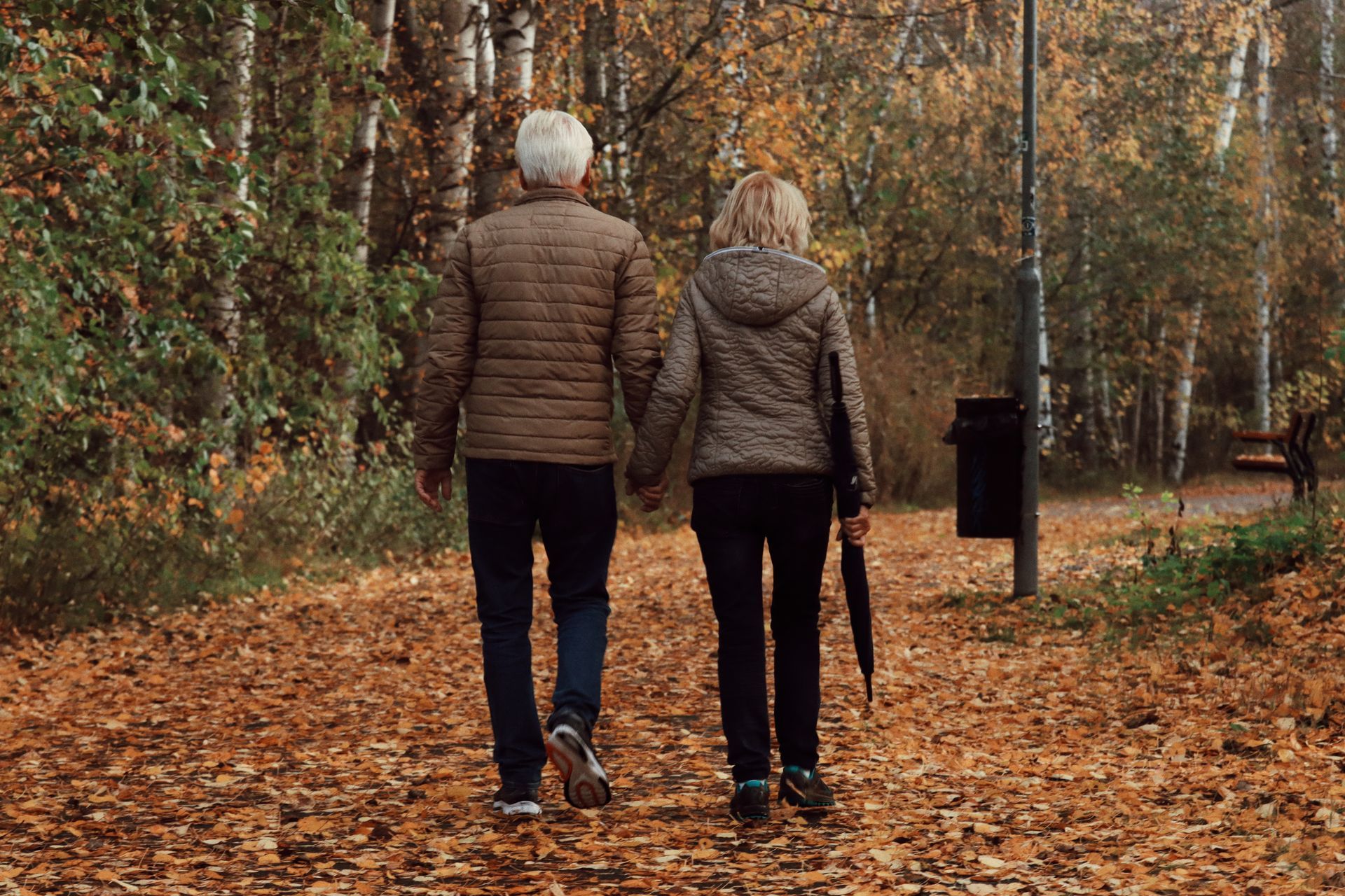 Senior couple walking through an autumn park on a leafy path in soft daylight