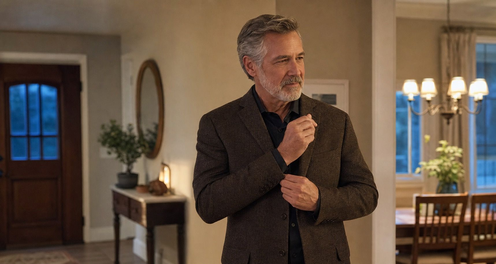 Man over 60 adjusting his jacket in a warmly lit home