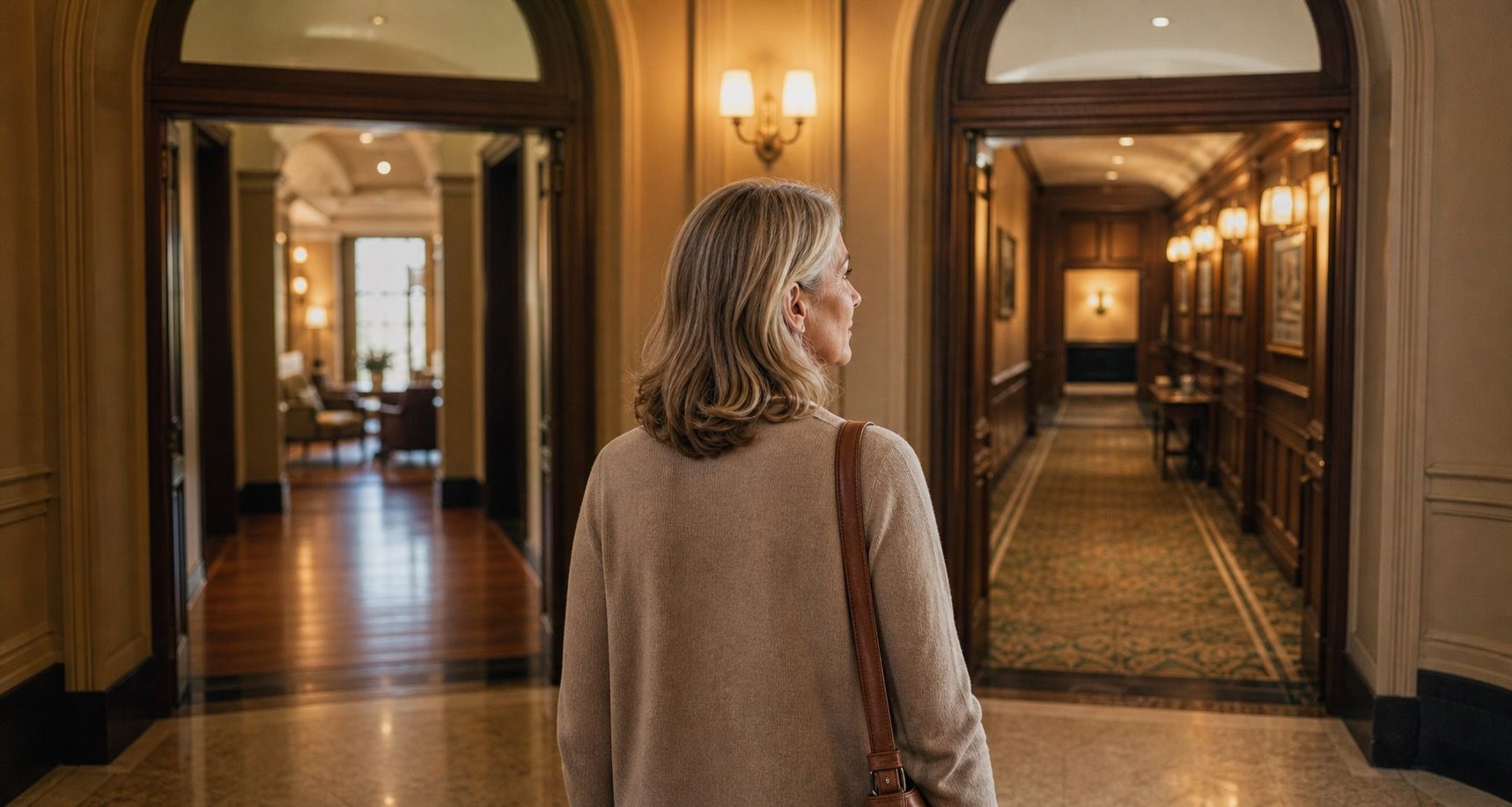 Woman over 50 standing between two warm hallway entrances