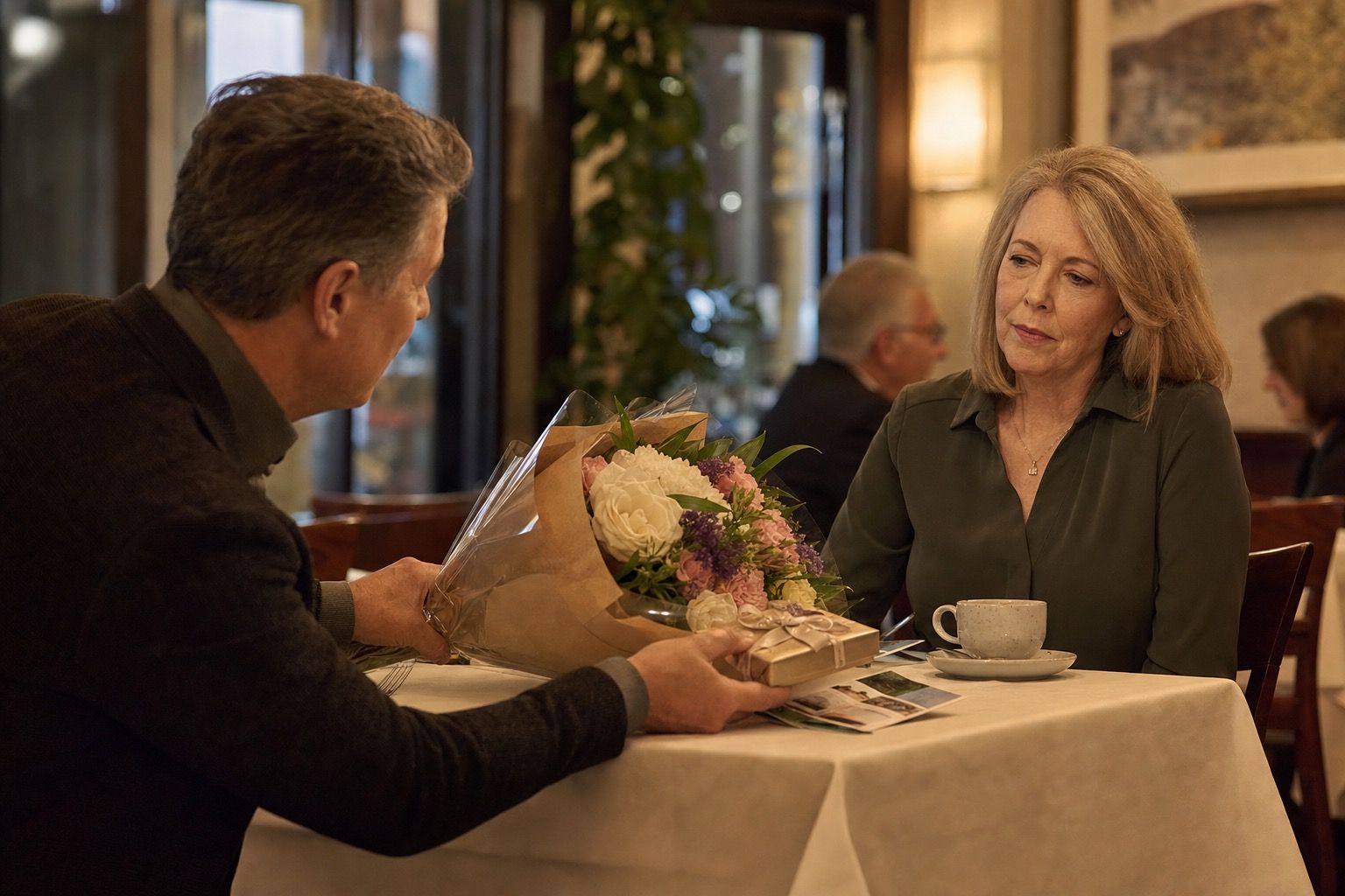 Woman over 50 facing an overly intimate gift across a restaurant table