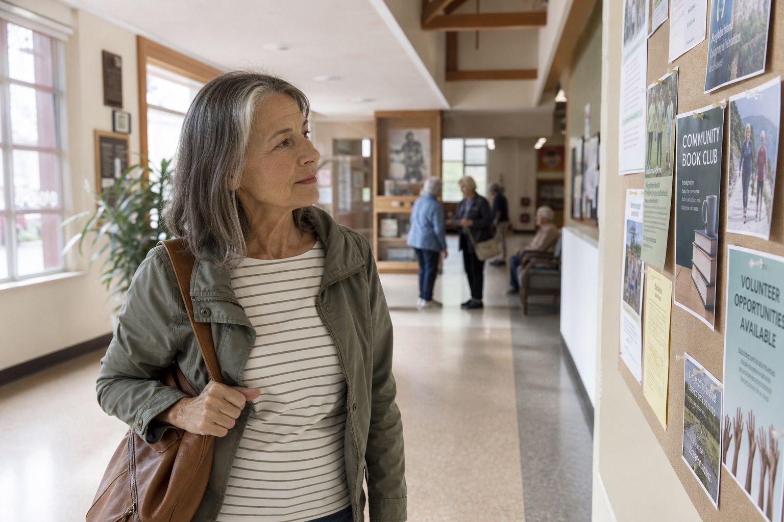 Woman over 50 reading a community bulletin board in a lobby