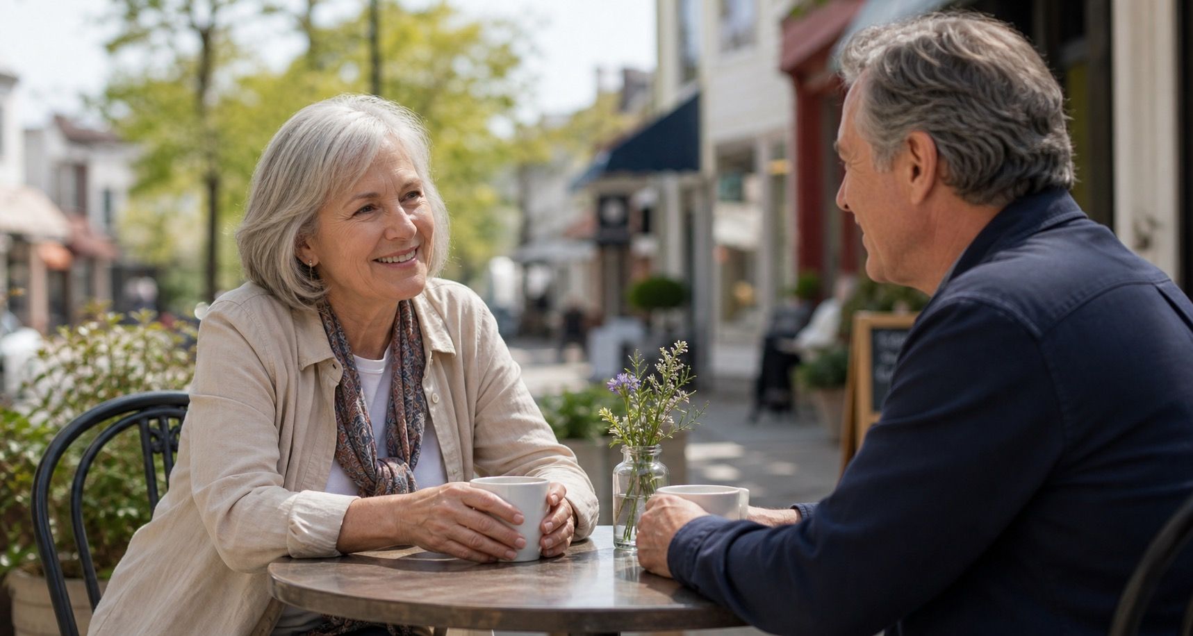 Woman over 60 smiling at a man in a quiet cafe