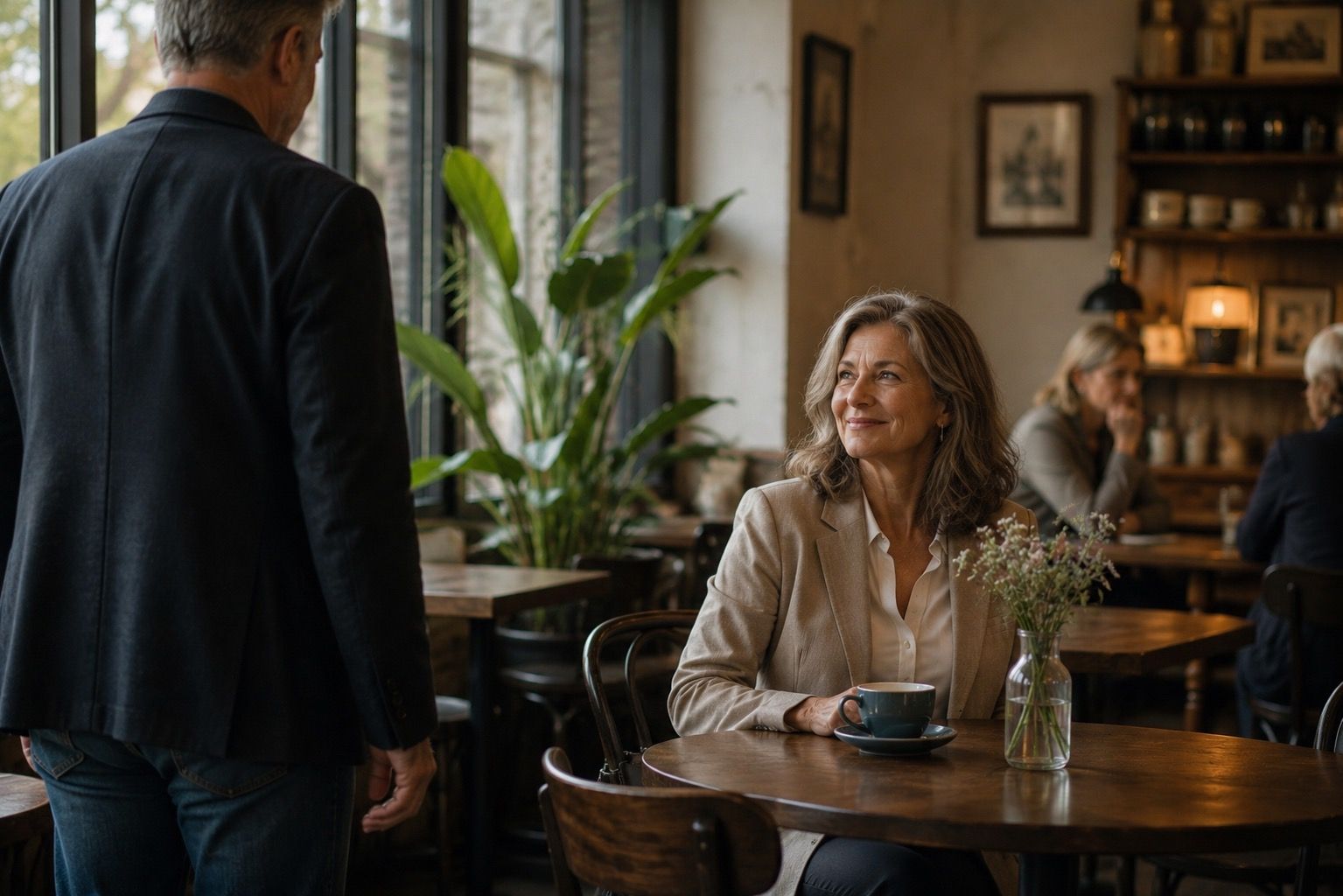 A mature woman seated with coffee in a quiet cafe as her first date arrives, capturing the calm, grounded tone of a later-life first meeting.