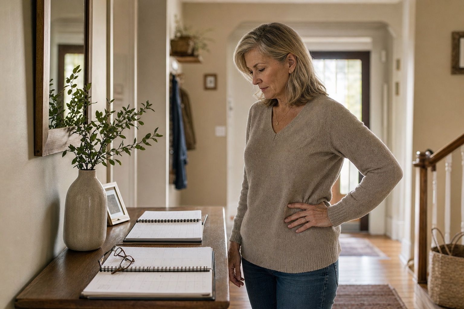 Woman over 50 pausing beside two open planners in a home hallway