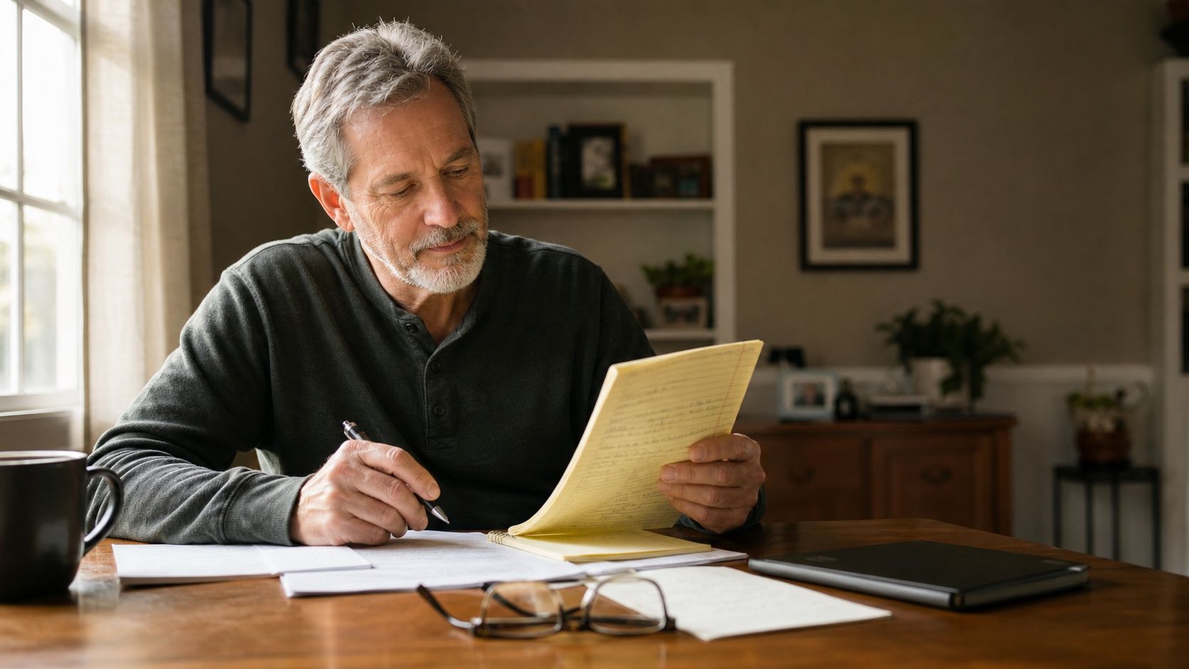 Man over 50 reviewing notes at a wooden desk beside a window