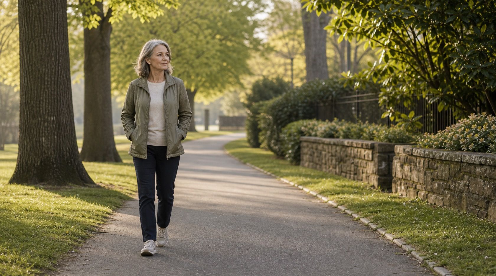 Woman over 50 walking slowly along a tree-lined path in morning light