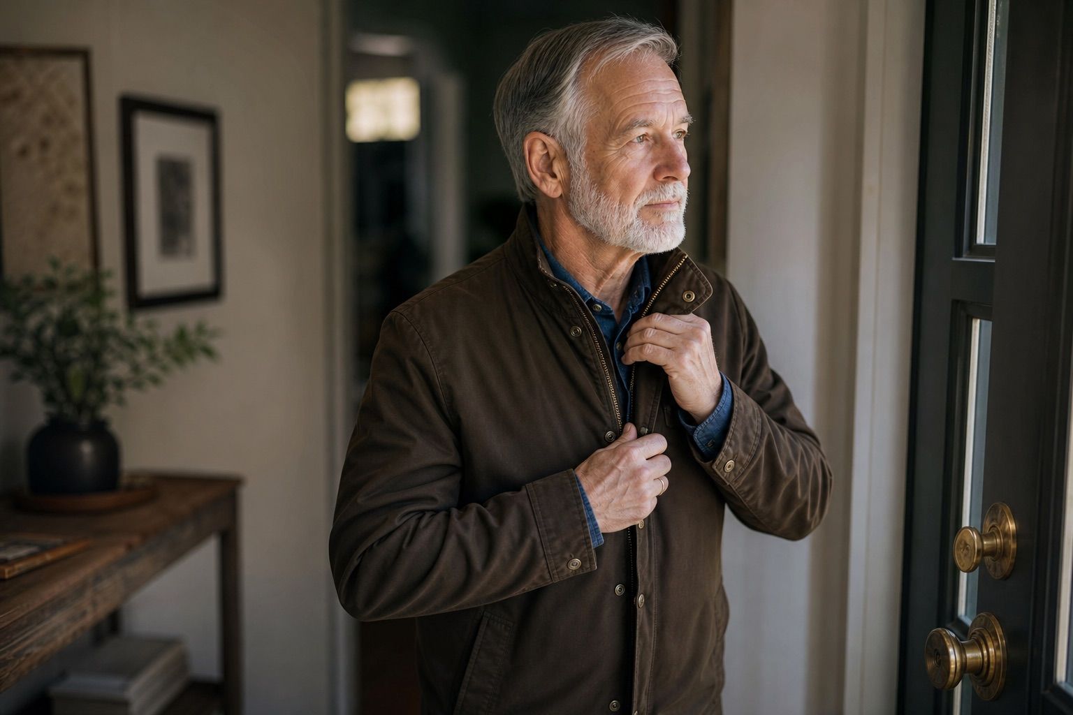 Older man adjusting his jacket near an open front door
