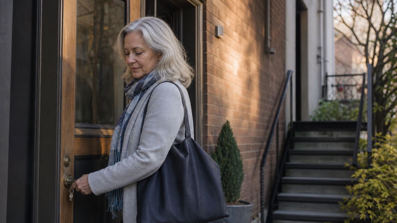 Woman over 50 locking her front door with a tote bag over her shoulder