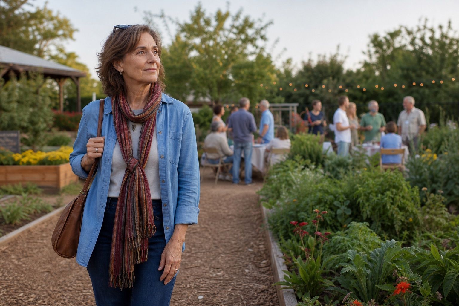 Woman over 50 standing near a community garden gathering at dusk