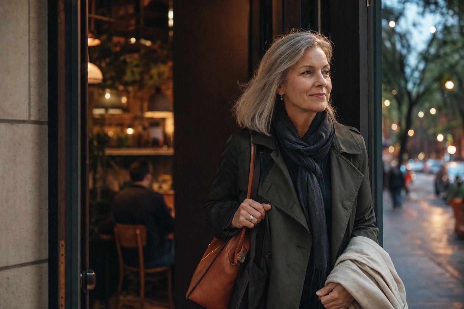 Gray-haired woman standing calmly outside a restaurant doorway