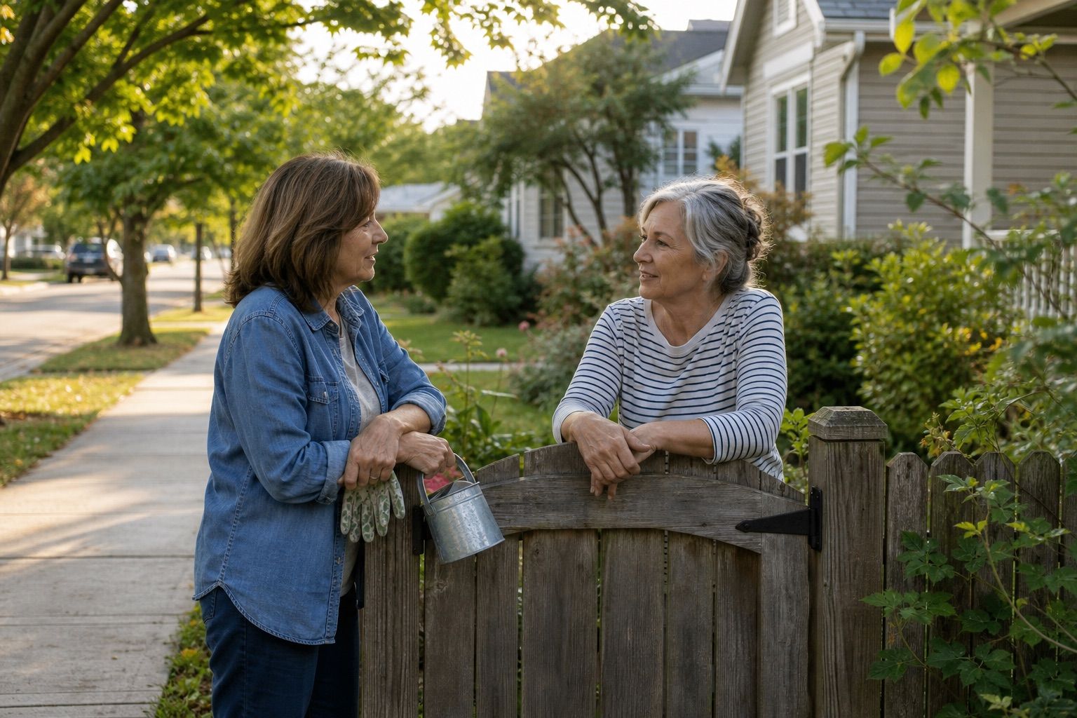 Woman over 50 chatting with a neighbor across a garden gate