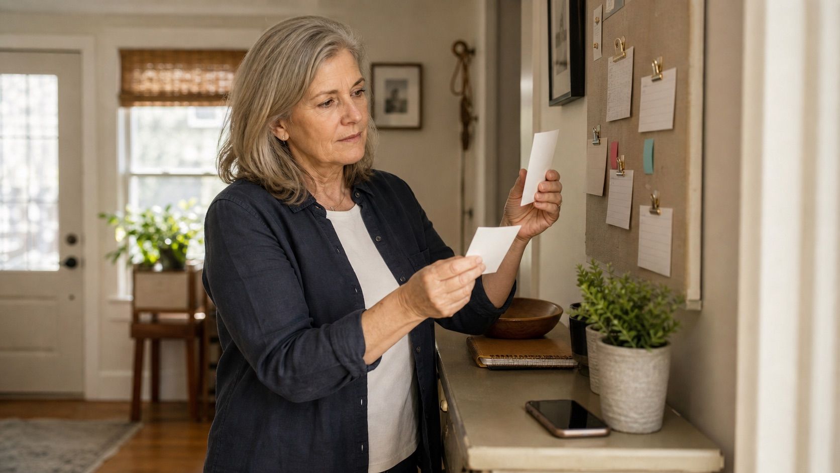 Woman over 50 comparing note cards on a home bulletin board