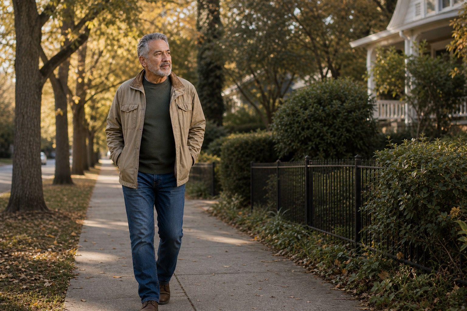 Man over 50 walking along a tree-lined residential sidewalk