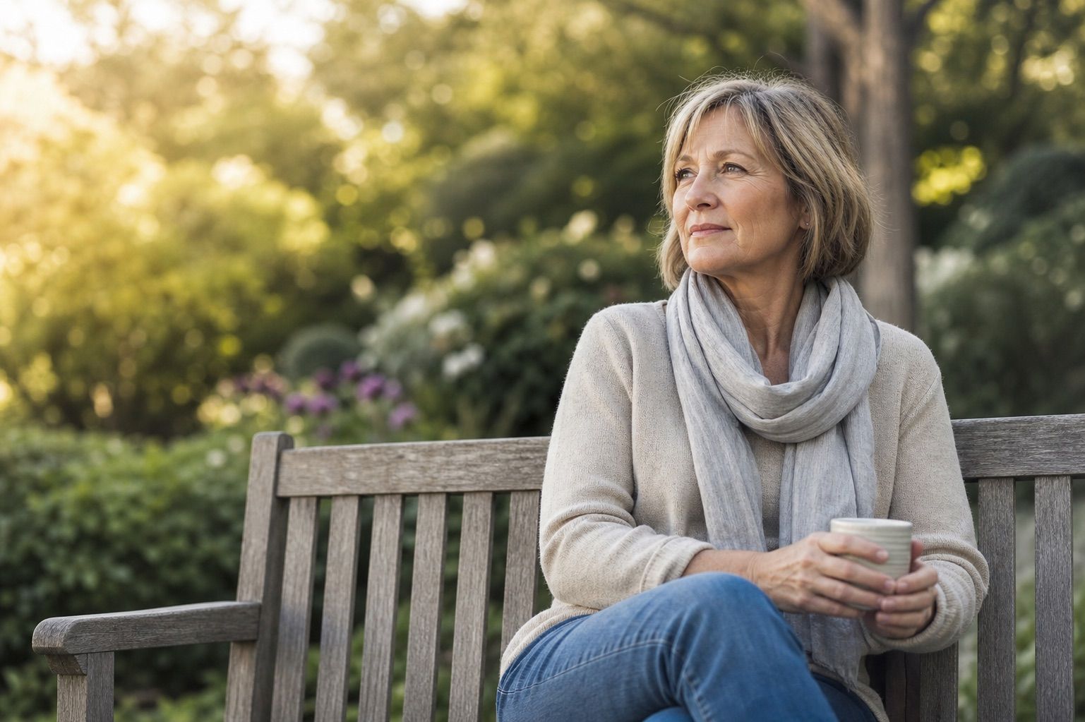 Woman over 50 sitting on a garden bench holding a mug
