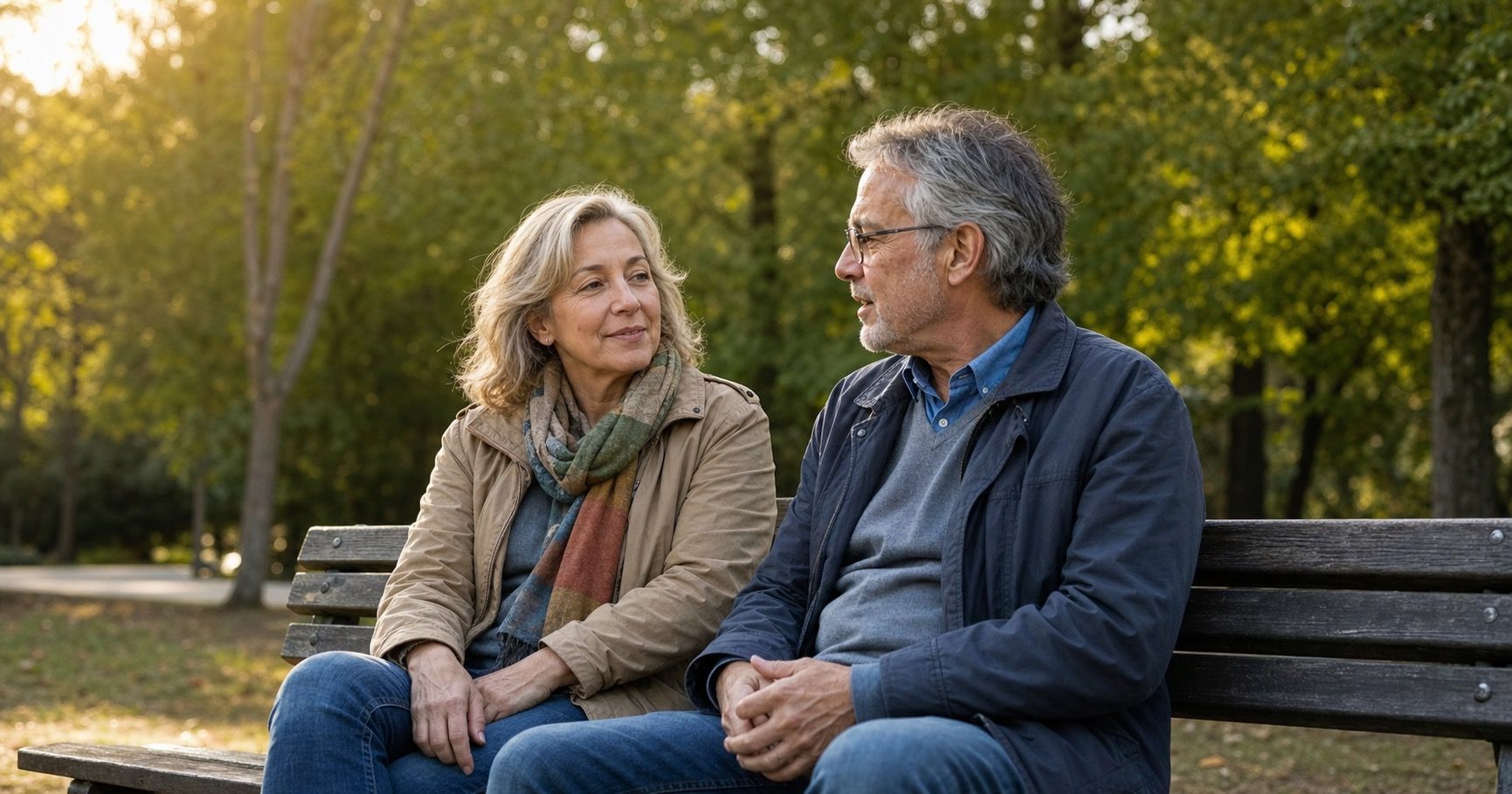 Woman and man over 50 talking on a park bench in warm light