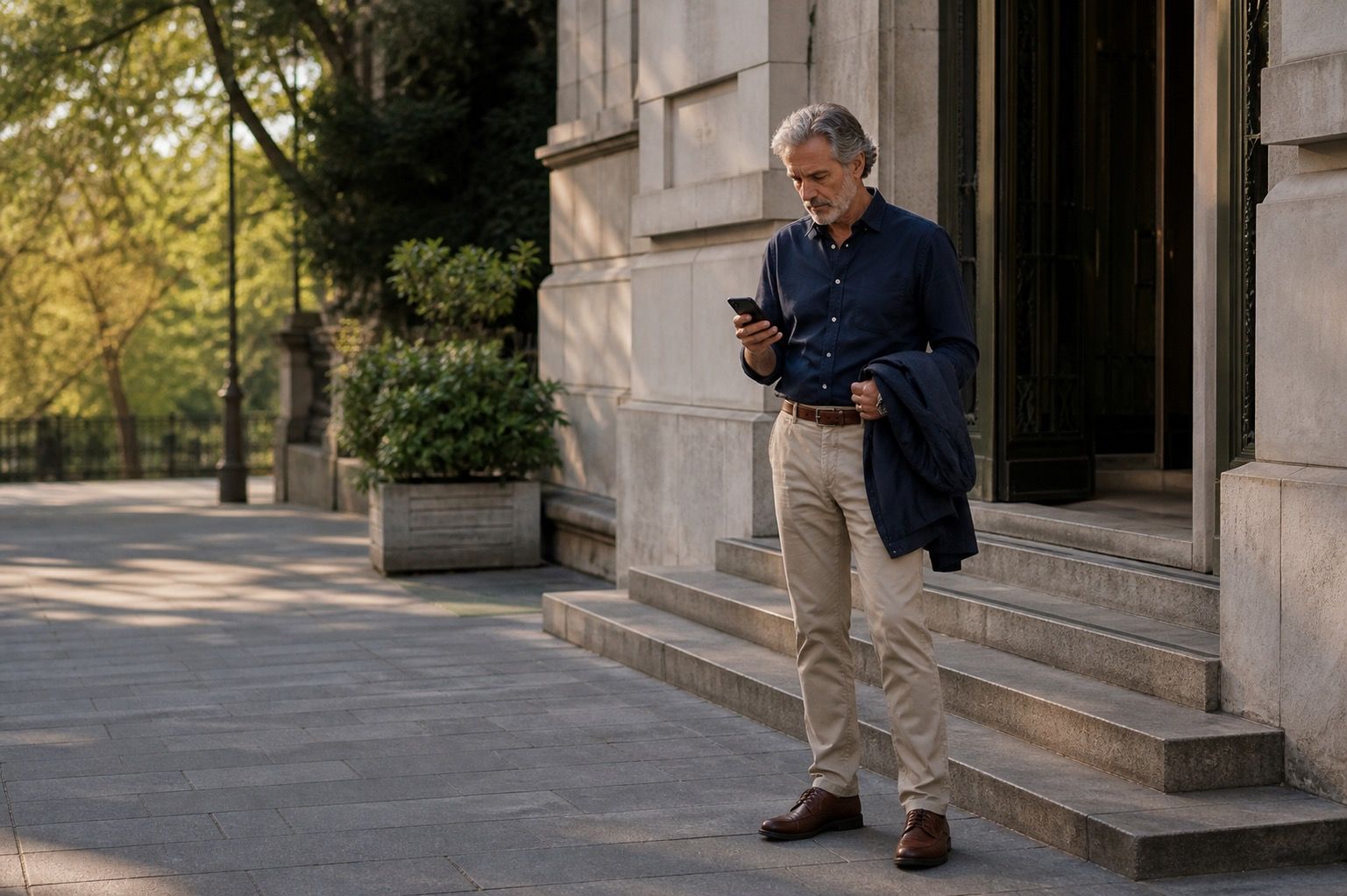 Man over 50 checking his phone outside a stone building in late afternoon light