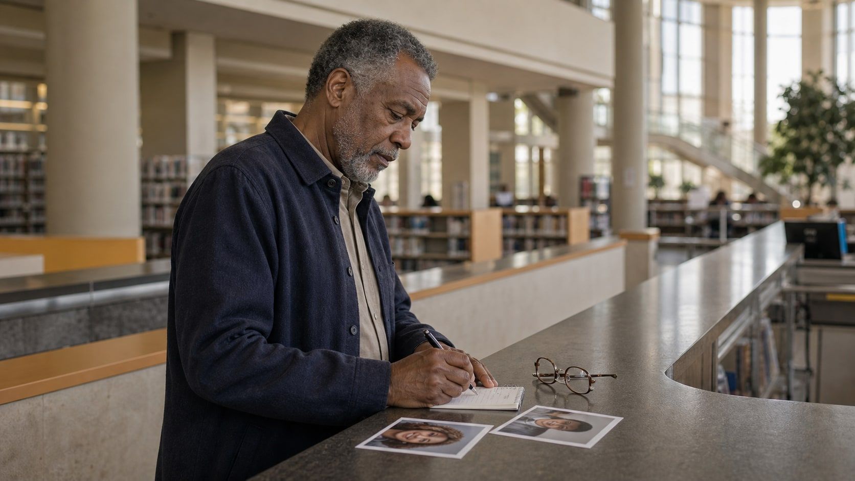 Man over 60 making notes beside printed dating profile photos in a library