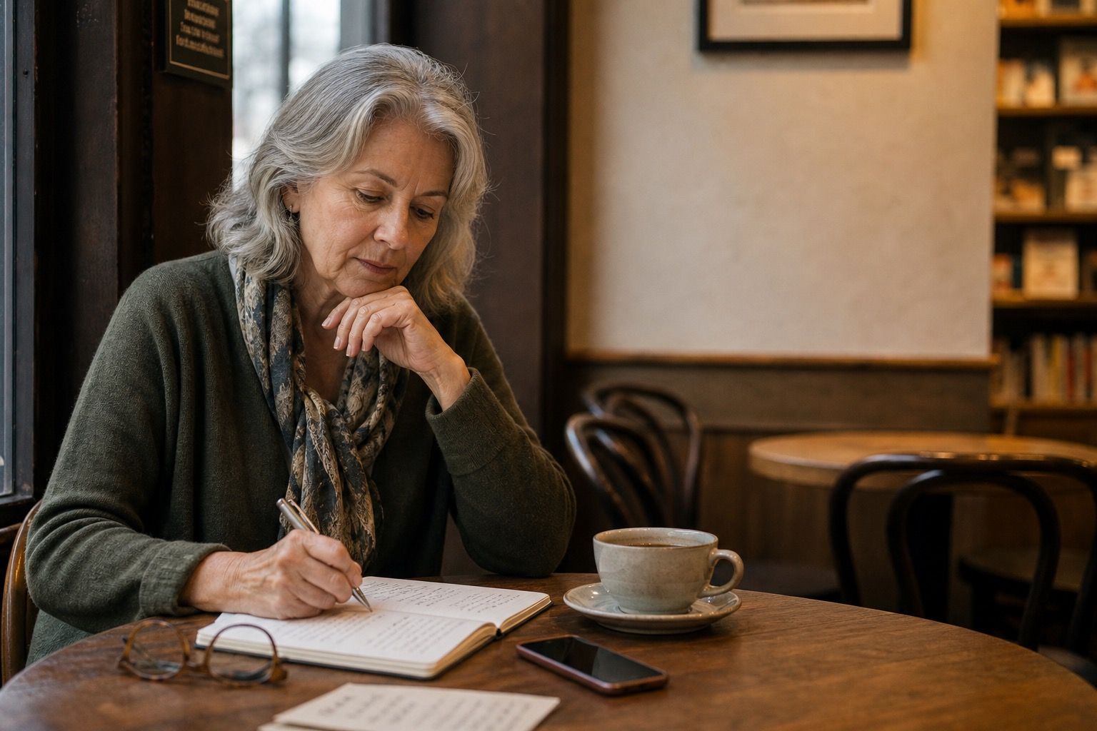 Woman over 50 writing on a laptop at her kitchen table