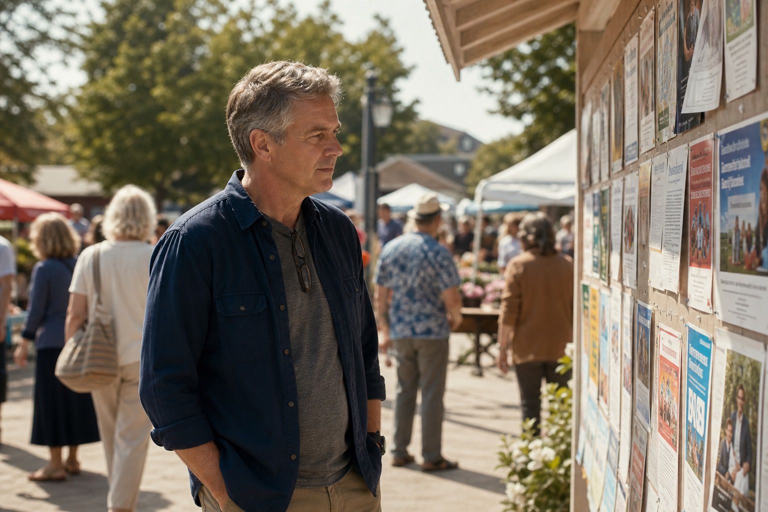 Man over 50 reading a community noticeboard at an outdoor market
