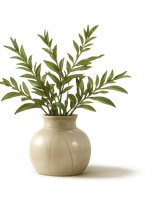 A ceramic vase with leafy branches in soft natural light.