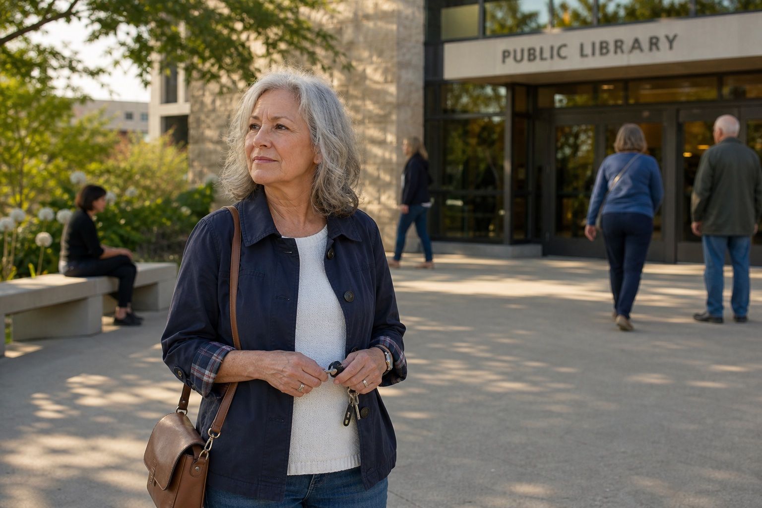 Woman over 50 standing outside a public library with keys in hand