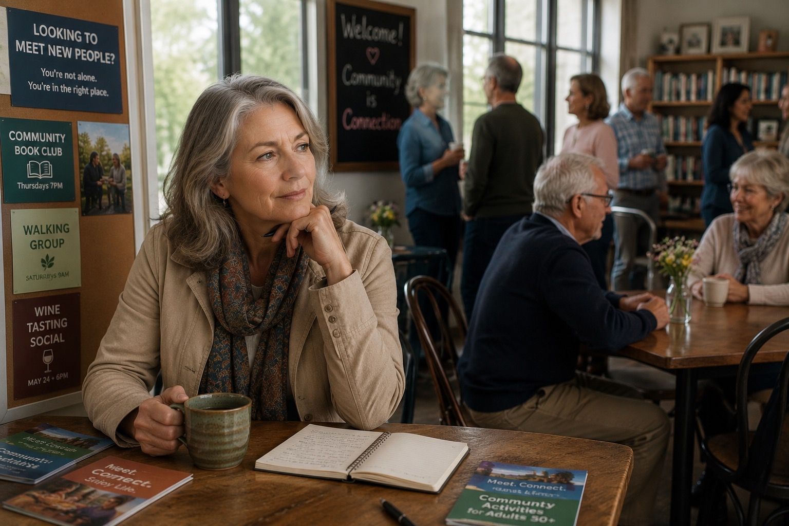 Woman over 50 at a community gathering space with other older adults