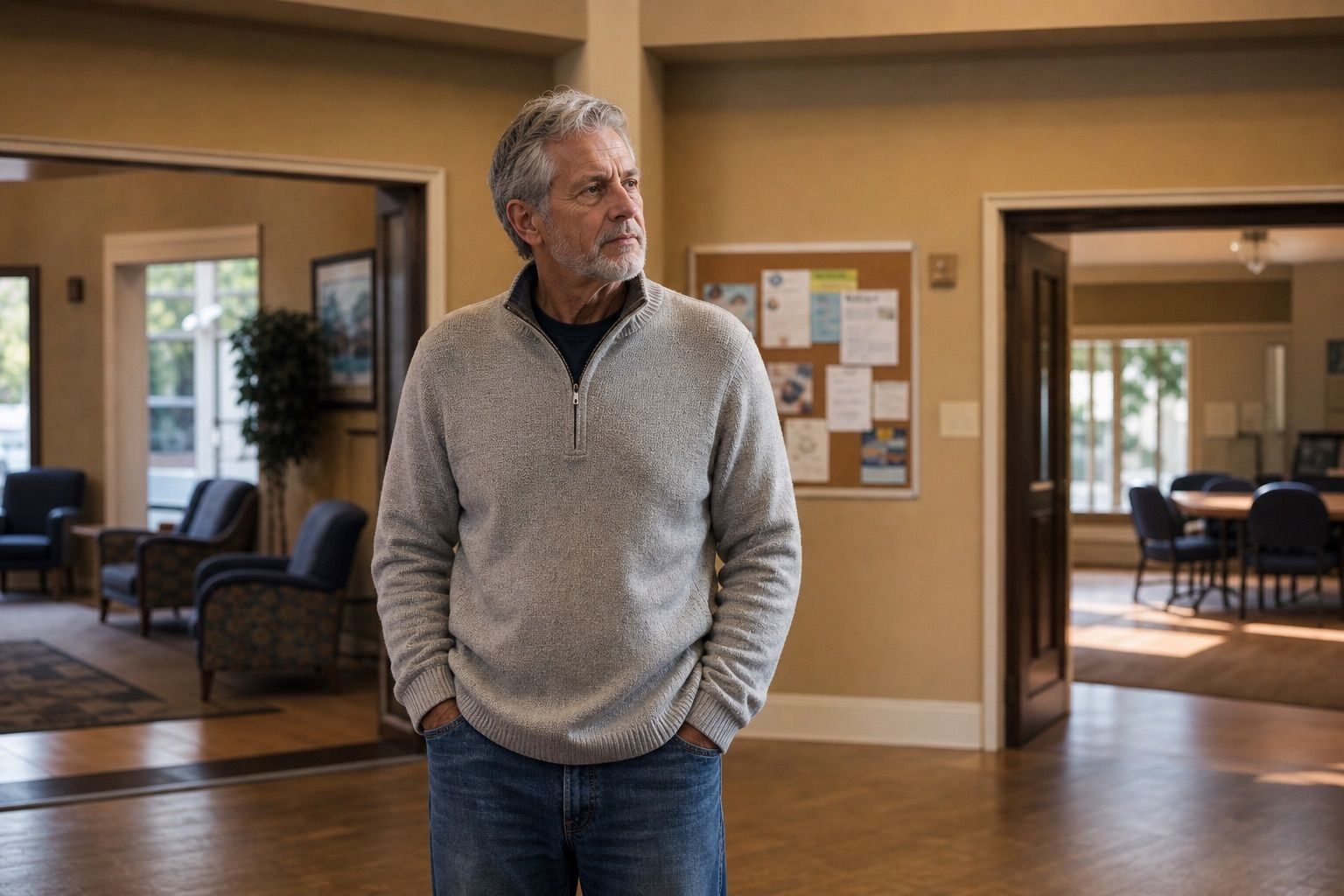 Man over 60 standing in a community center lobby