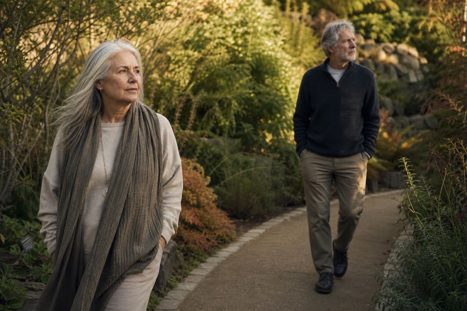 Woman and man over 50 on a quiet garden path