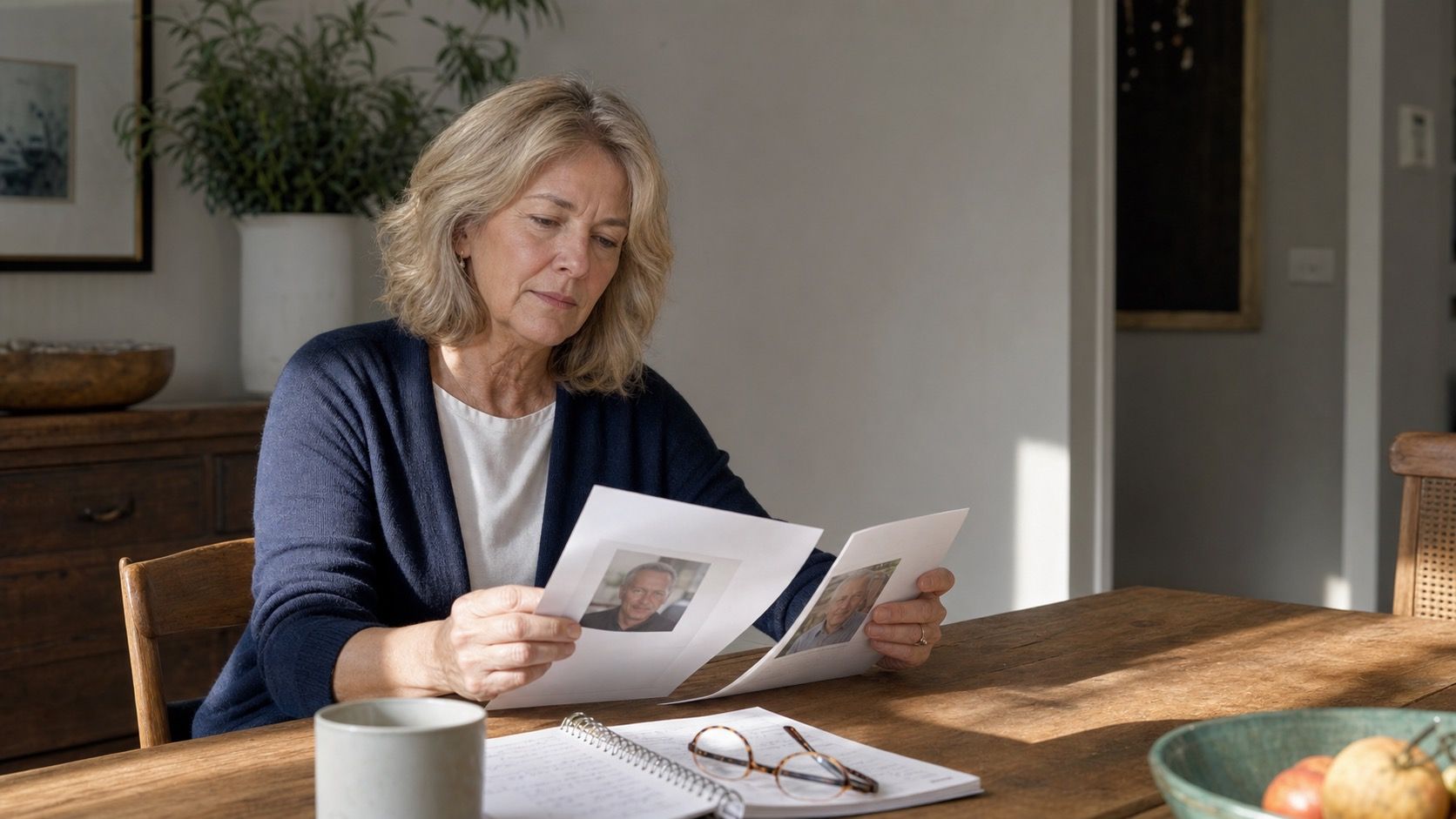 Woman over 50 comparing printed profiles at a dining table