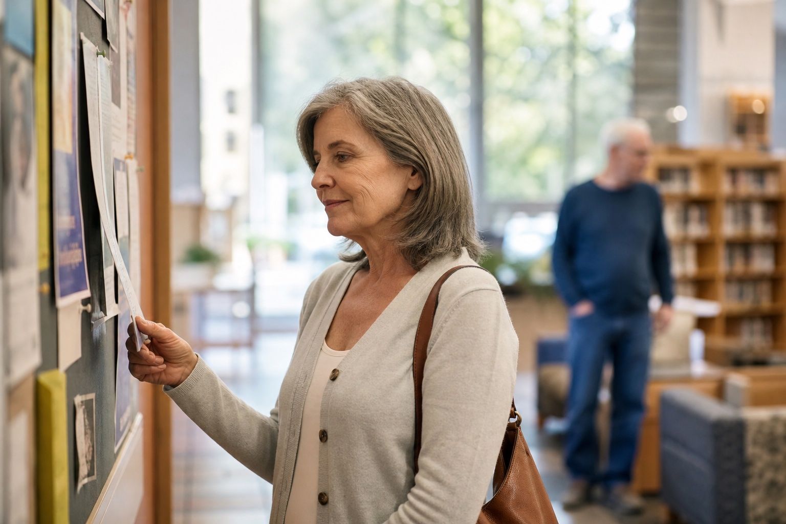 Woman over 50 reading a community bulletin in a library lobby