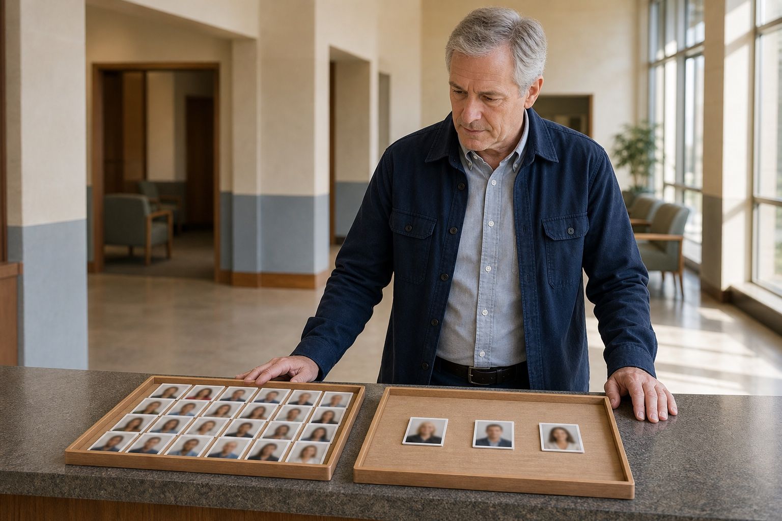 Man over 60 comparing trays of profile cards at a community counter