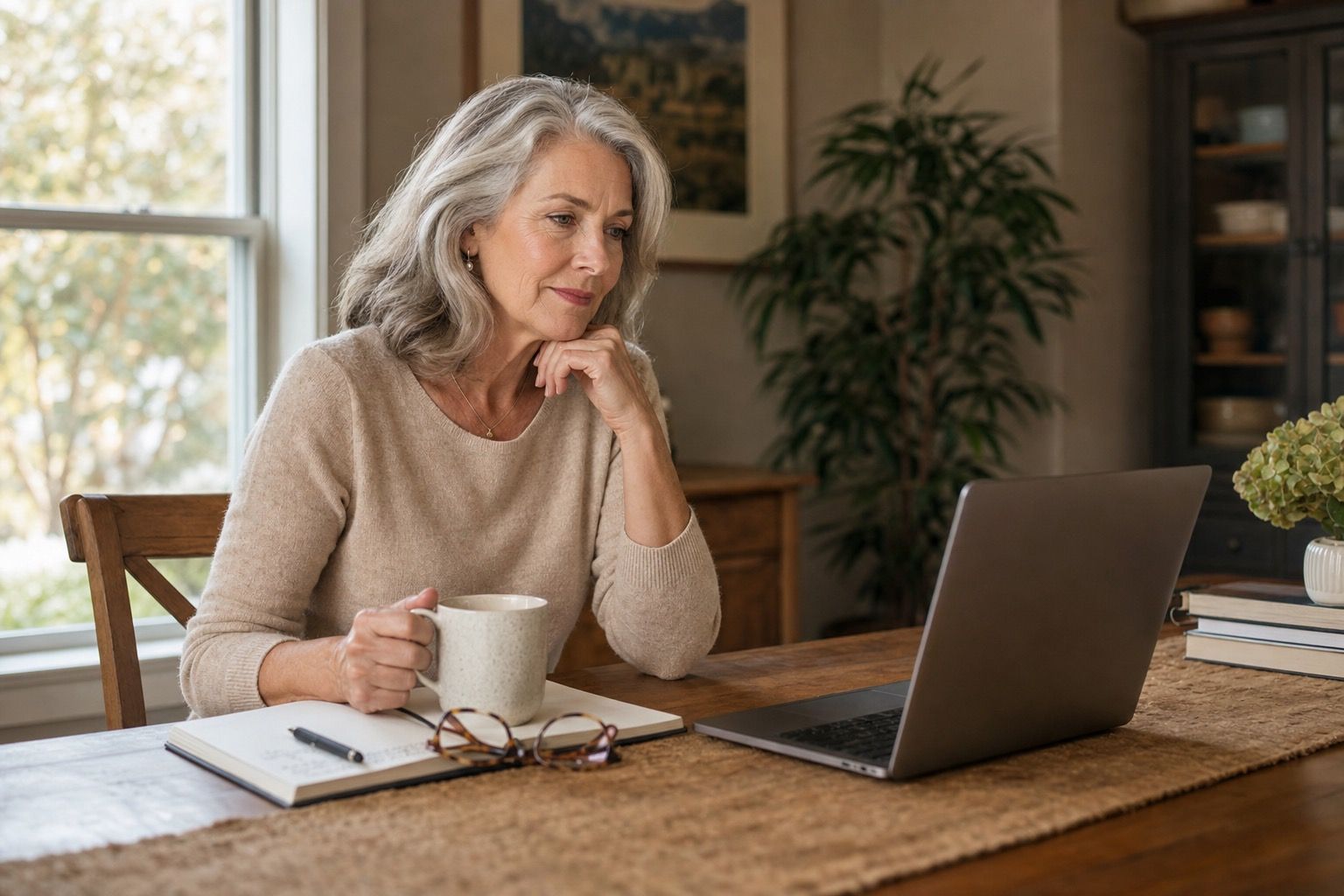 Woman over 55 with mug beside an open laptop at home