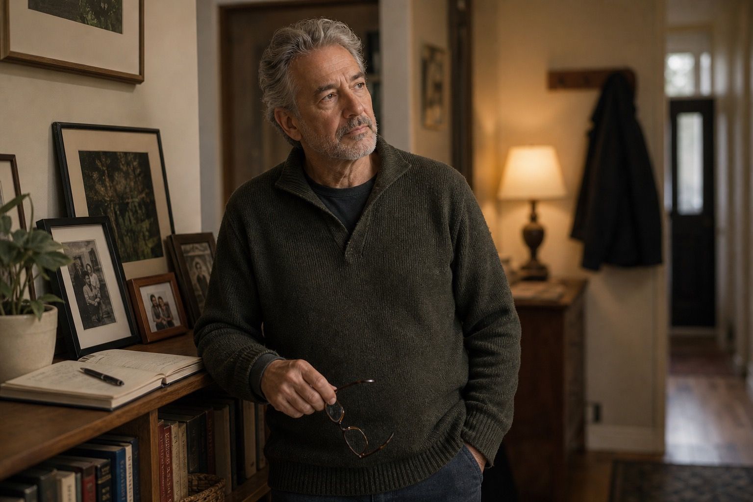 Man over 60 standing at home beside a bookshelf