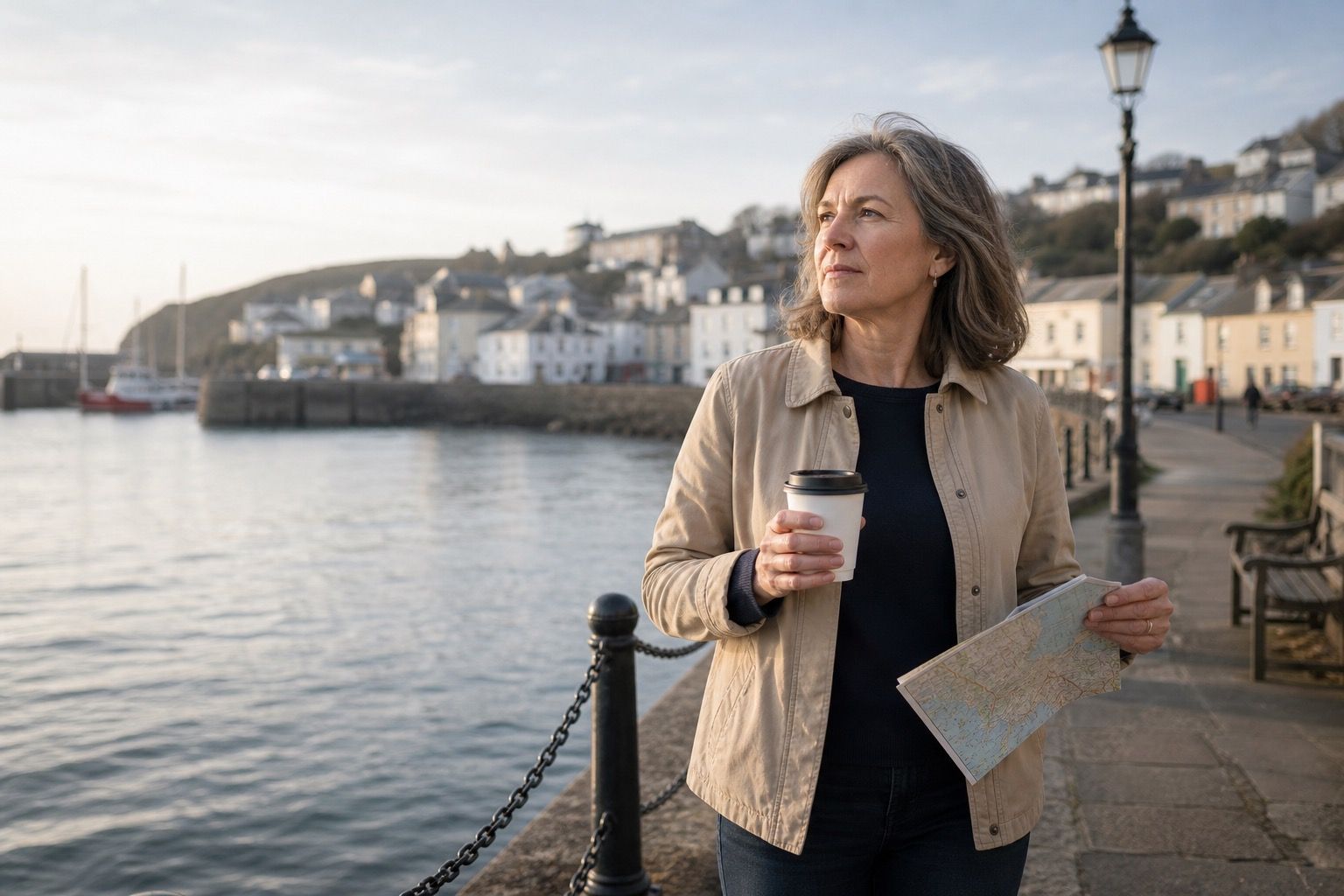 Woman in her mid-50s holding coffee on a coastal promenade
