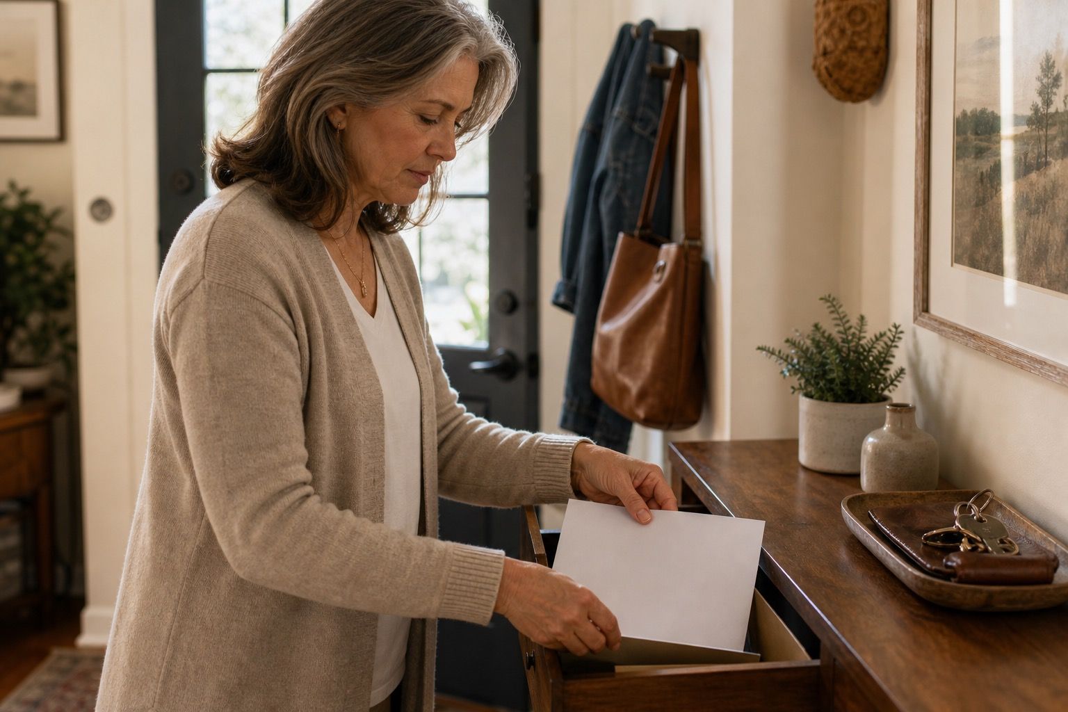 Woman over 50 placing a paper into an entryway drawer