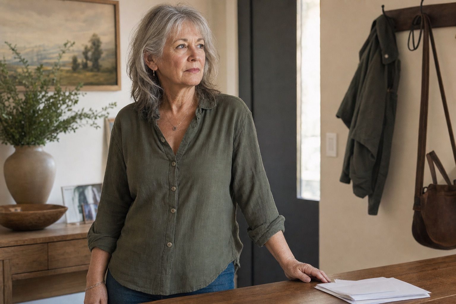 Woman over 60 standing in a quiet home entryway