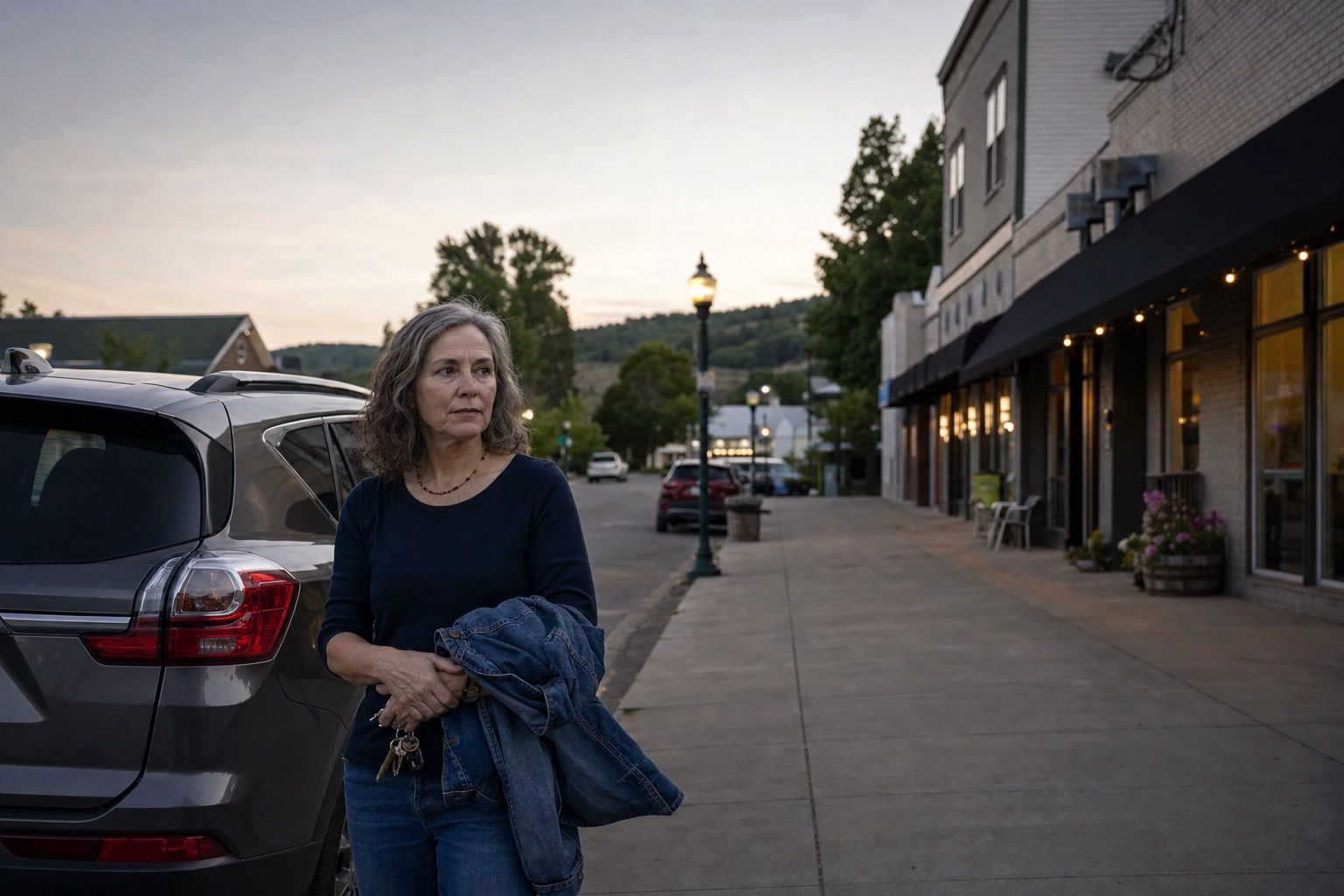 Woman over 50 beside her car on a quiet small-town street at dusk
