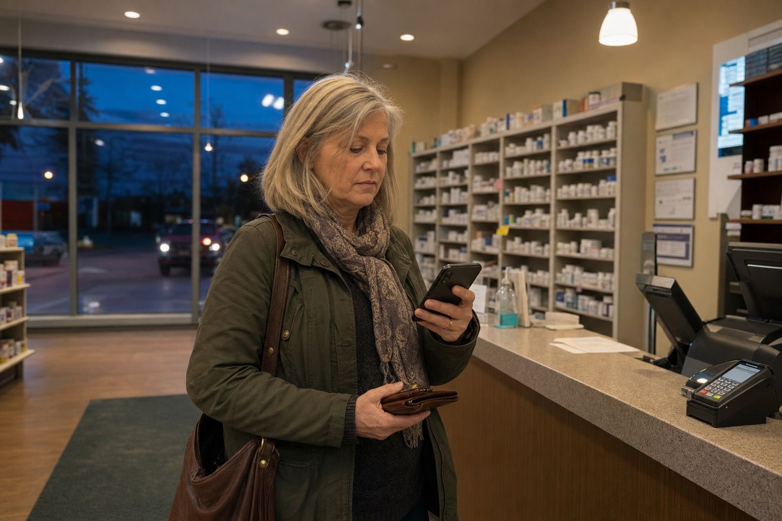 Woman over 50 checking her phone at a pharmacy counter