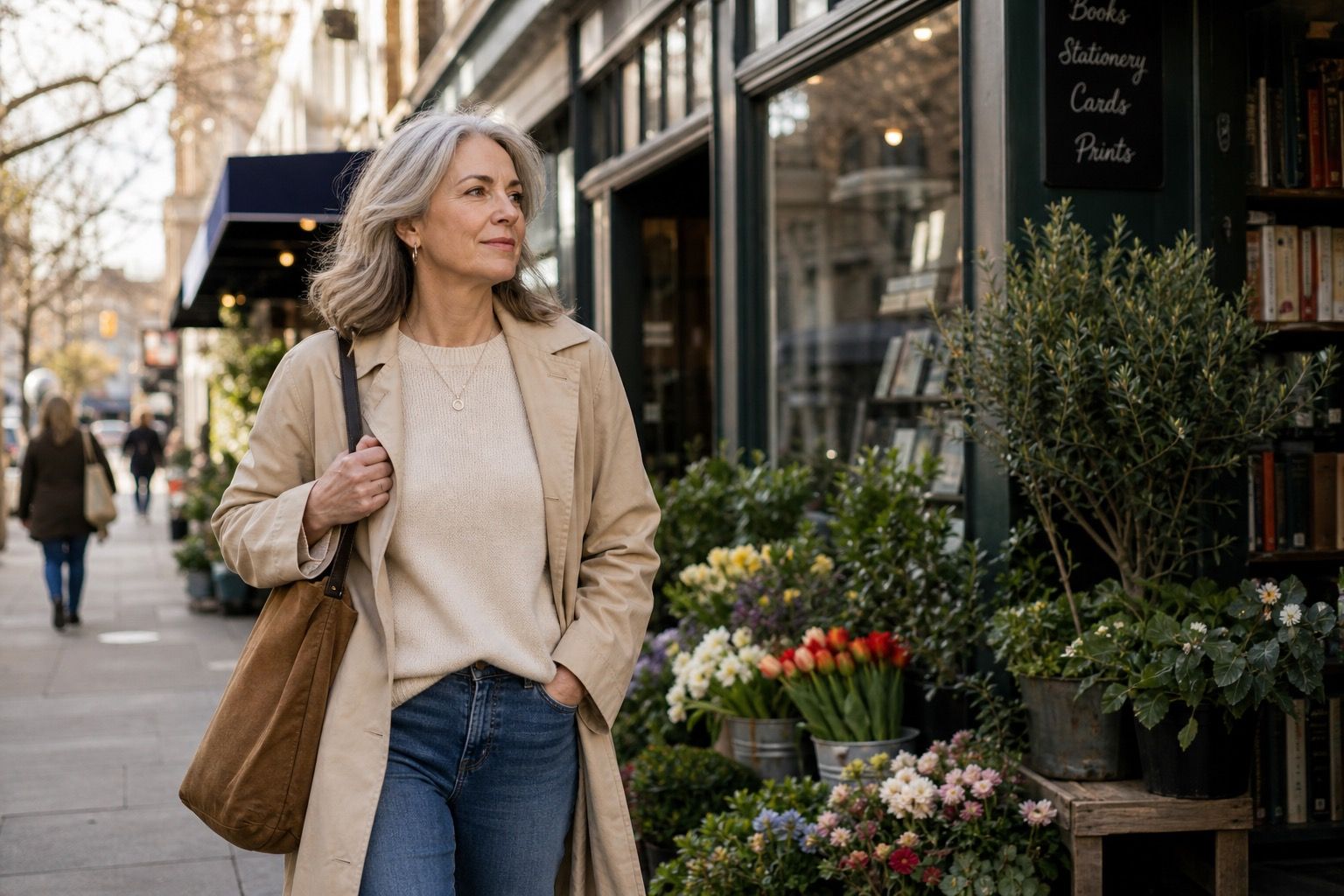 Woman over 50 walking past a neighborhood bookshop and flower display