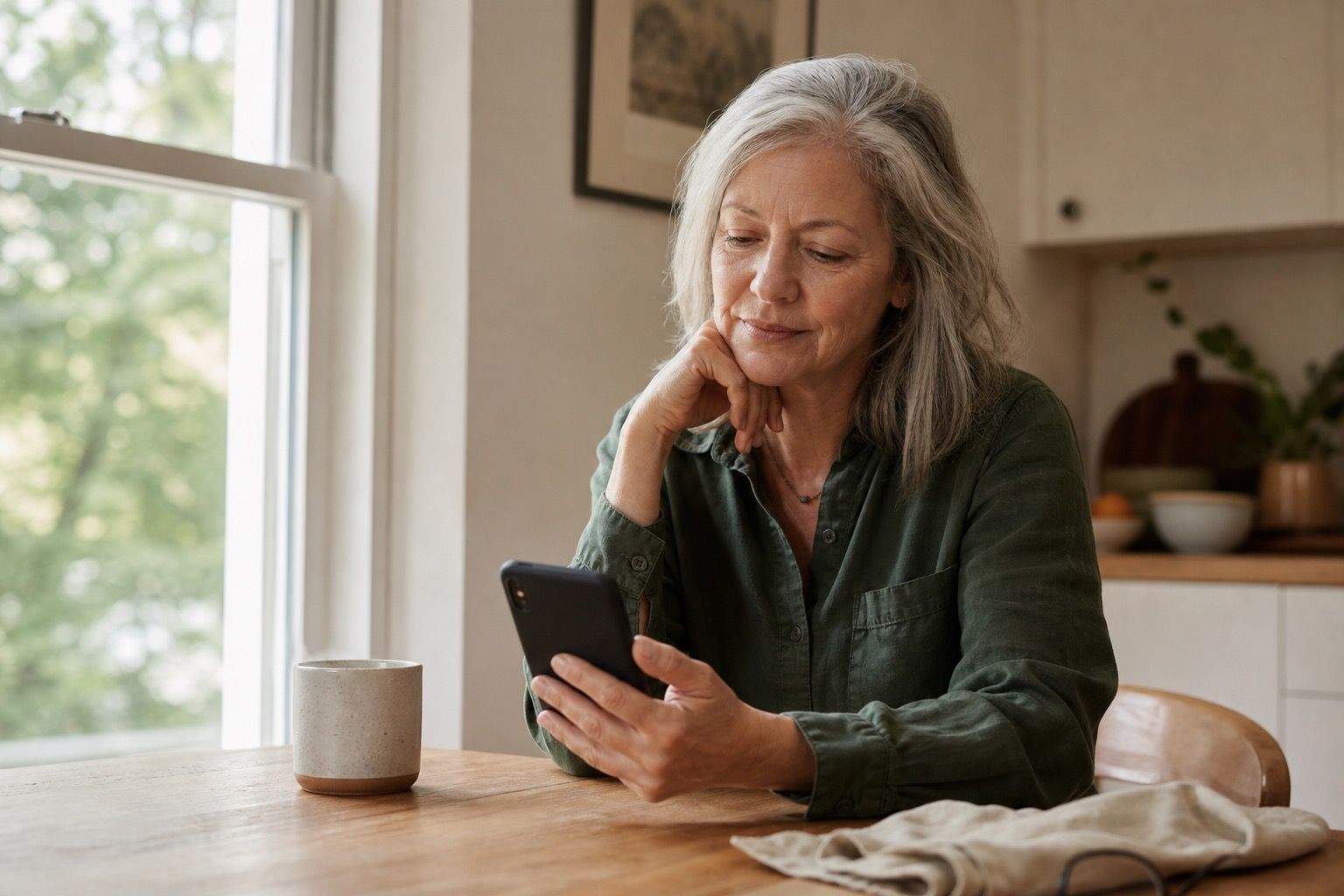 Woman over 50 looking at her phone by a kitchen window