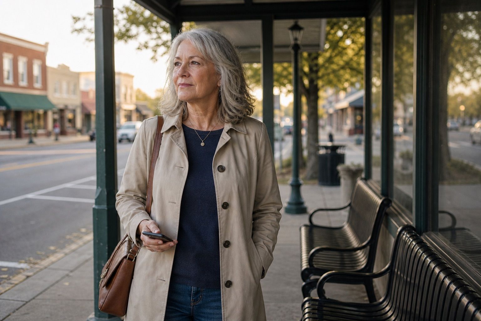 Woman over 50 waiting under a small-town transit shelter with phone in hand